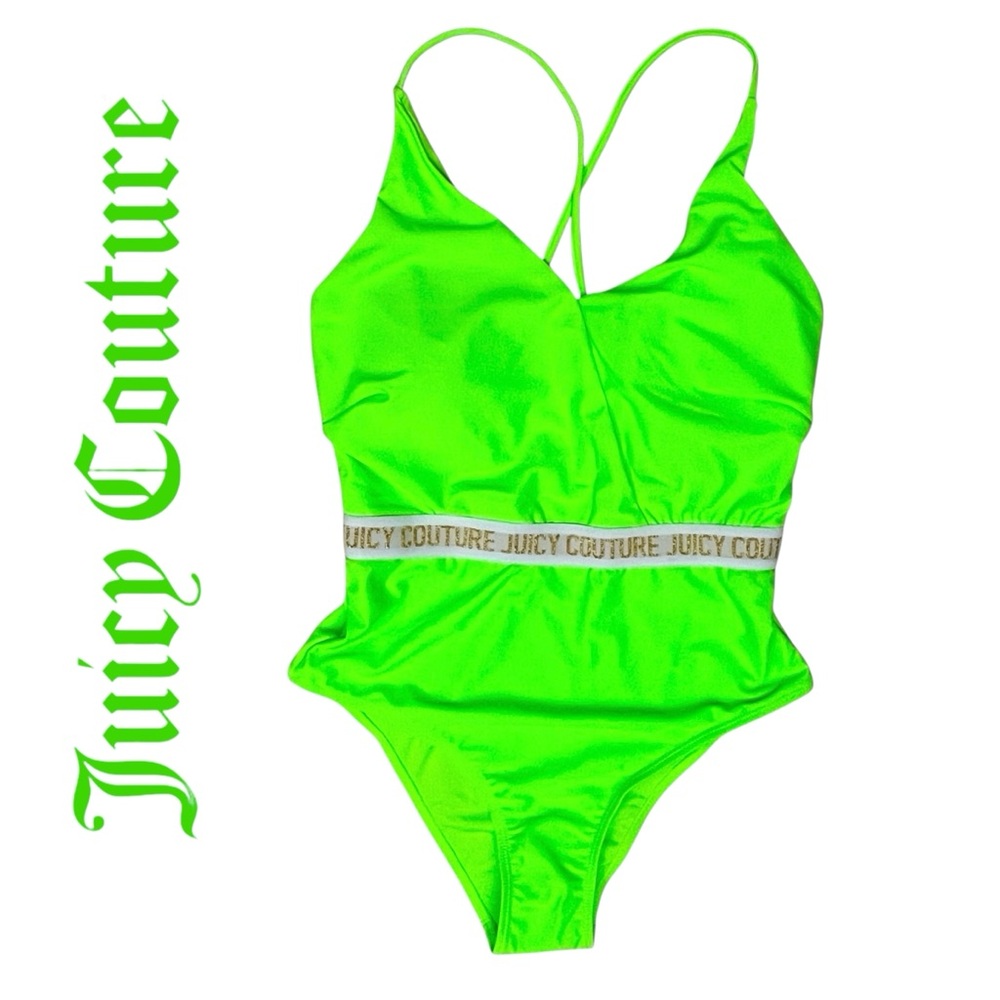Juicy Couture Swimsuit Sz M Fluorescent Green Gold/Logo One Piece NWOT